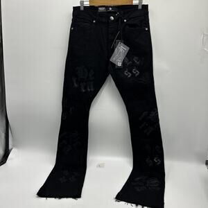 Focus Jeans Mens SZ 32x37 Stacked Black Denim Grunge Punk y2k 2000s Slim Fit NEW